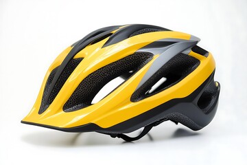 A yellow and black mountain biking helmet with aerodynamic vents, placed sideways on a white background