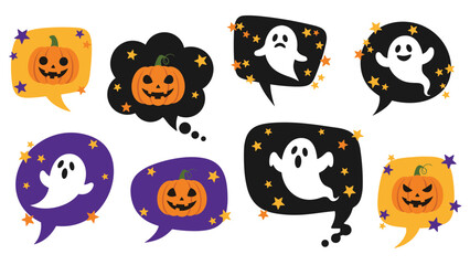 Fototapeta premium Festive Halloween speech bubbles with ghosts and jack-o-lanterns are decorated with tiny stars on a dark background for kids.