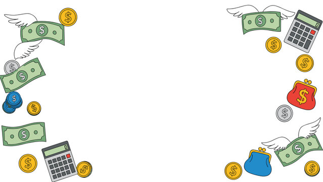 Financial concept border frame is created with flying dollar bills, gold coins, wallets, and calculators on a white surface.