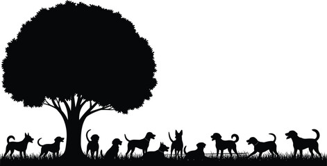 Silhouettes of dogs under a large tree in natural outdoor scene symbolizing companionship, pet ownership, leisure, and peaceful nature concepts