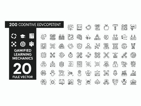 Gamification and Cognitive Development Line Icon Set Brain Training and Learning Outline Vector Pack