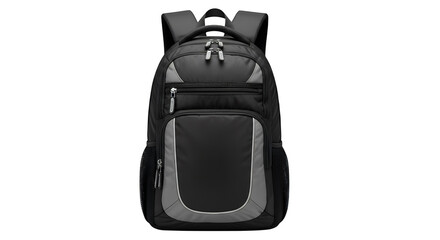 Naklejka premium Modern black backpack with grey accents isolated on transparent background for travel and school use