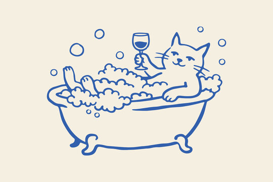 Cat in bubble bath with wine naive line art vector illustration