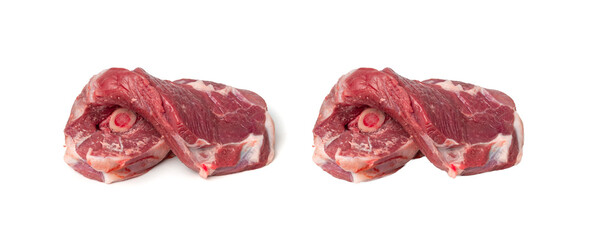 Obraz premium Raw mutton leg fillet isolated, lamb meat pieces, tenderloin or mutton sirloin meat, fresh sheep fillet
