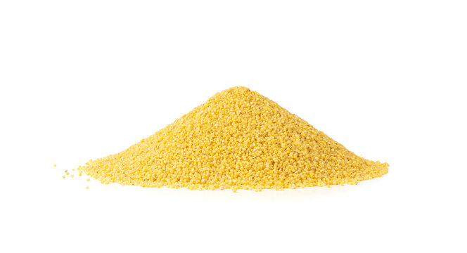 Raw millet grains pile isolated. Little yellow cereal, natural foxtail small seeds