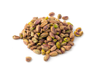 Fried salt pistachio nuts isolated. Baked pistachios pile, roasted green pistache fruits on white