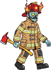 Obraz premium Spooky Cartoon Zombie Firefighter Character In Tattered Uniform Holding An Axe With Flaming Helmet For Halloween Horror Or Undead Hero Concept Vector Illustration