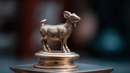 Fototapeta premium Bronze goat figurine displayed on decorative pedestal 