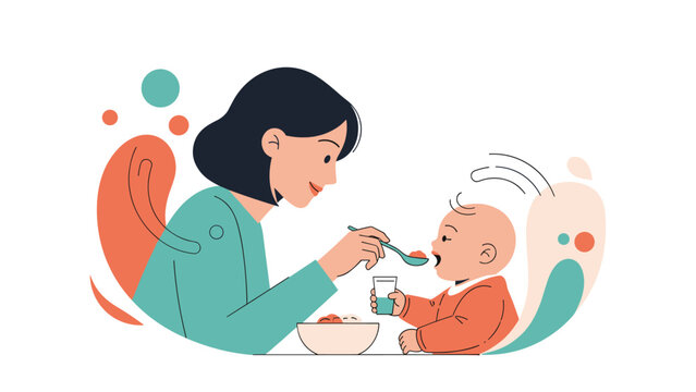 Caring mother sitting at a table and feeding her young baby infant with a spoon from a bowl of healthy baby food.