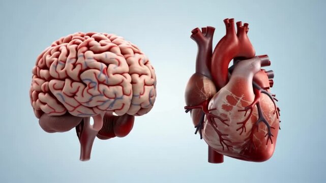 Human Brain and Heart Side by Side &ndash; Emotion vs Logic Medical 3D Illustration