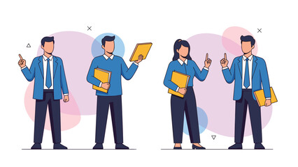 Fototapeta premium Business professionals standing in a group holding folders and gesturing with their fingers for communication and presentation.