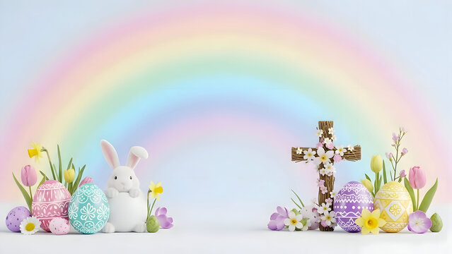 Ester sunday celebration with easter bunny cross rainbow eggs and flowers