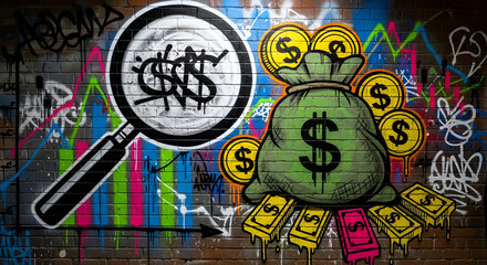 Obraz premium Dynamic street art mural on a brick wall, illustrating financial analysis and wealth creation with a magnifying glass examining market trends and a vibrant money bag overflowing with prosperity