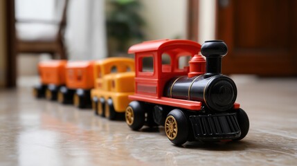 Fototapeta premium Plastic toy train set in vibrant colors on the floor indoors 