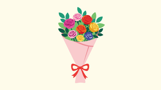 Colorful bouquet of assorted roses in pink, red, orange, blue, and yellow wrapped in paper with a red ribbon bow for a special gift.