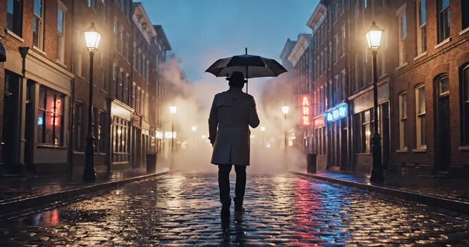 Mysterious figure with an umbrella walking down a misty cobblestone street at night