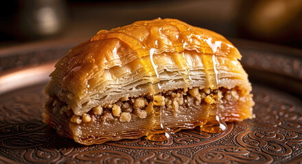 Baklava, an oriental sweet made with layers of filo pastry, crushed nuts inside, topped with honey, served on a copper plate, an oriental dessert.