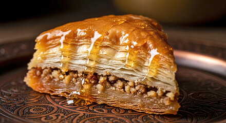 Baklava, an oriental sweet made with layers of filo pastry, crushed nuts inside, topped with honey, served on a copper plate, an oriental dessert.