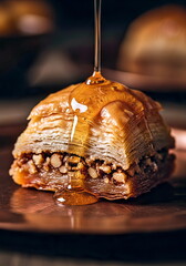 Baklava, an oriental sweet made with layers of filo pastry, crushed nuts inside, topped with honey, served on a copper plate, an oriental dessert.