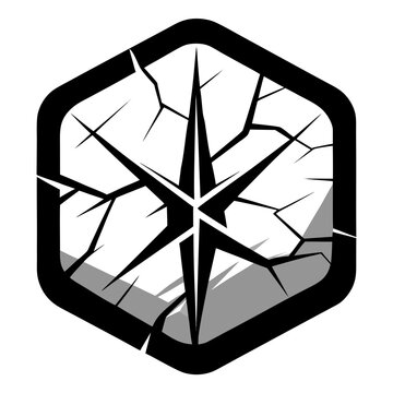 A black and white cracked compass in a hexagon