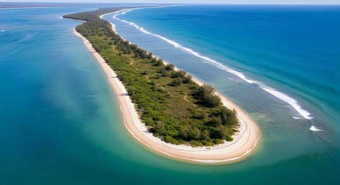 Aerial view of a serene, narrow island with lush greenery and pristine sandy beaches.