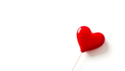 A red heart-shaped balloon on a stick held against a plain white surface from a close-up viewpoint