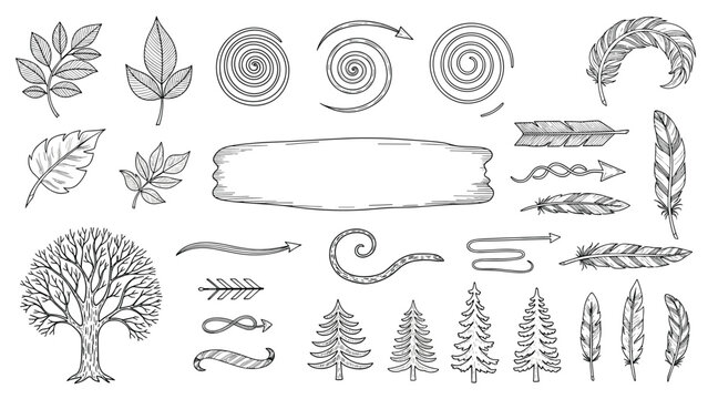 Large set of hand-drawn natural and rustic elements including trees, leaves, feathers, arrows, and decorative spirals on white.