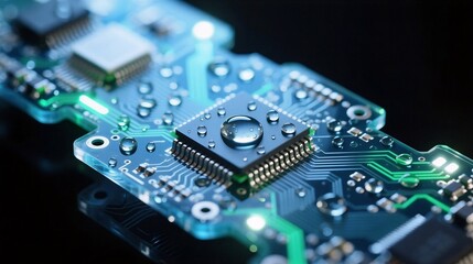 Fototapeta premium Close-up of a glowing circuit board with water droplets, expressing futuristic technology and innovation.
