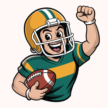 Rugby Player Mascot Holding Ball in Victory Pose &ndash; Cartoon Sports Illustration