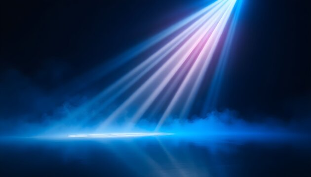 A beam of light shines down from the top right corner onto a cloudy stage from a high angle