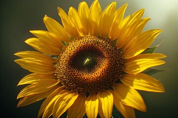 Obraz premium Close up of a radiant sunflower with bright yellow petals and a detailed seed head against soft light background