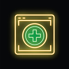 Fototapeta premium Neon green medical cross glowing inside yellow website frame on a black background