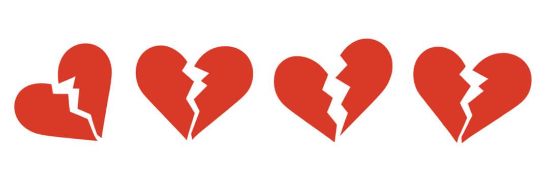 Set of broken red heart icons showing different fracture patterns