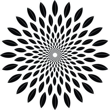 An intricate floral mandala design featuring leaf-like petals arranged in a circular sunburst pattern, perfect for coloring books and decorative prints.