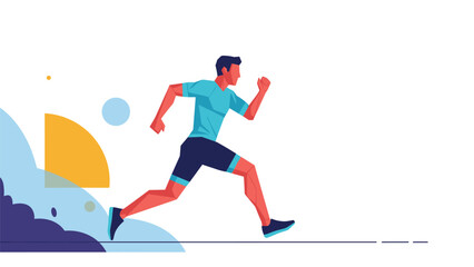 Fototapeta premium Athletic man runs forward with high intensity against a stylized background of geometric shapes and clouds representing fitness and exercise.