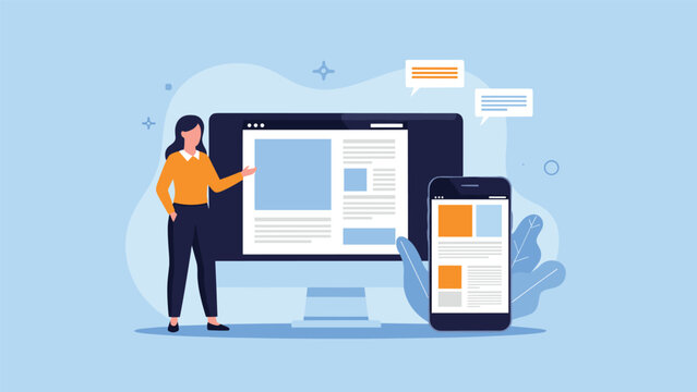 Young woman points toward a large computer monitor and a smartphone screen both displaying a modern website layout with blue and orange elements.