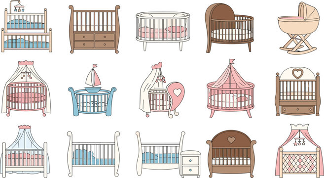 Set of baby cribs and bassinets vector illustrations featuring various nursery furniture styles including wooden cots canopy beds round cradles and modern infant sleepers.