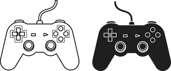 Game controller icon set showing wired joystick outline and solid styles isolated black and white vector illustration for gaming design © All in one