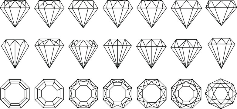 Set of diamond outline icons and gemstone line art symbols with various geometric cuts including brilliant round and faceted jewel shapes vector.