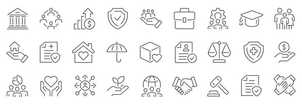 Social policy thin line icons set. Editable stroke. Vector