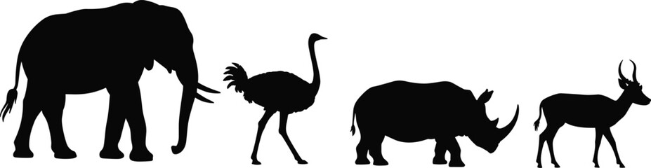 African wildlife animal silhouettes featuring elephant, ostrich, rhinoceros and antelope isolated on white background vector illustration set © Ideasy Mind