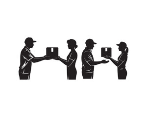 Delivery Person Handing Package to Recipient Two Times in Silhouette Form