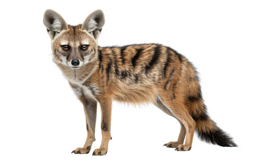 Obraz premium A striking image of a brown and striped wild animal standing elegantly against a white background.