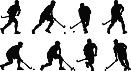 Field hockey player silhouettes set showing dribbling running and shooting actions isolated black vector illustration for sports training design branding advertising posters © All in one