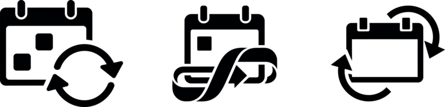 Calendar update recurring schedule black icons set for time management vector on transparent background