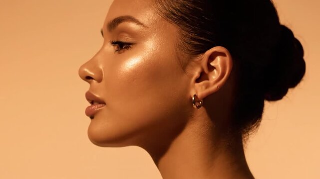 Close-up profile of woman with glowing skin, gold hoop earring, dark hair bun, neutral background