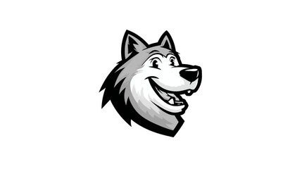 A smiling, cartoonish wolf's head, in grayscale, with detailed fur, teeth, and a happy expression