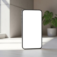 Smartphone with blank screen on white table in modern room interior with plant