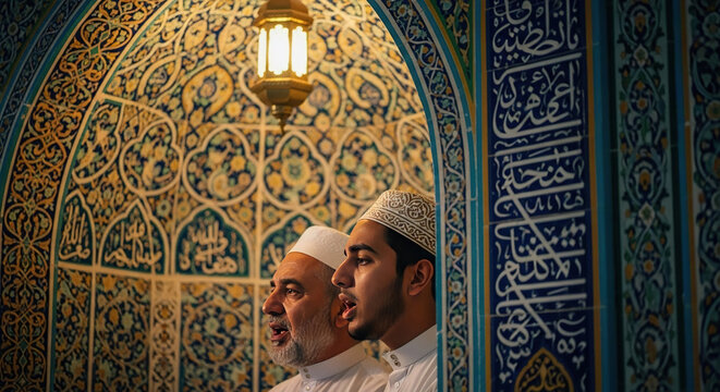 Two men reciting prayers inside a beautifully decorated mosque