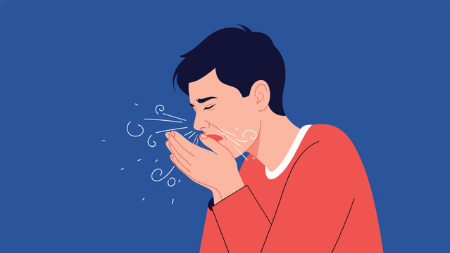 Man in a red shirt covering his mouth while coughing or sneezing against a dark blue background with wind swirls.